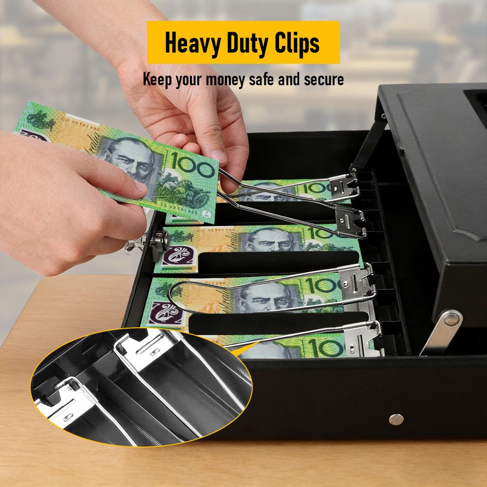 Lockable Cash Box with Coin Tray – Durable Metal Money Box with Key Lock for Bills & Change – Grey