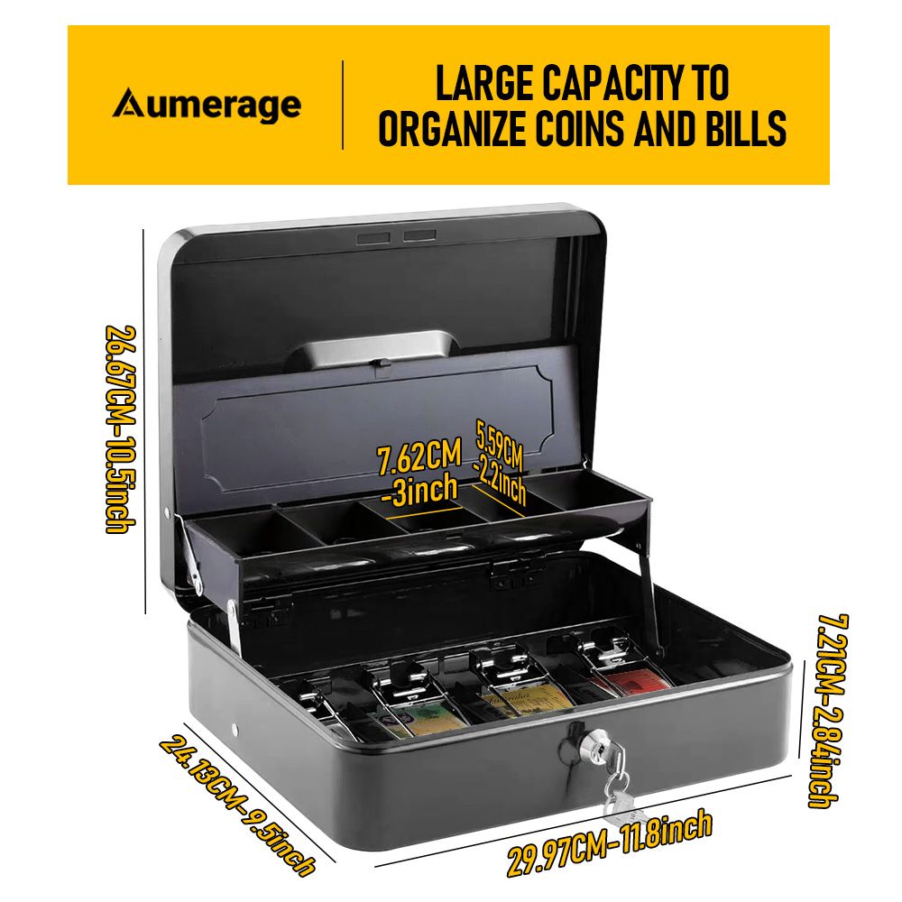Lockable Cash Box with Coin Tray – Durable Metal Money Box with Key Lock for Bills & Change – Grey