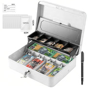 Lockable Cash Box with Coin Tray – Durable Metal Money Box with Key Lock for Bills & Change – White