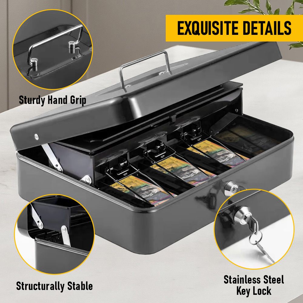 Lockable Cash Box with Coin Tray – Durable Metal Money Box with Key Lock for Bills & Change – White