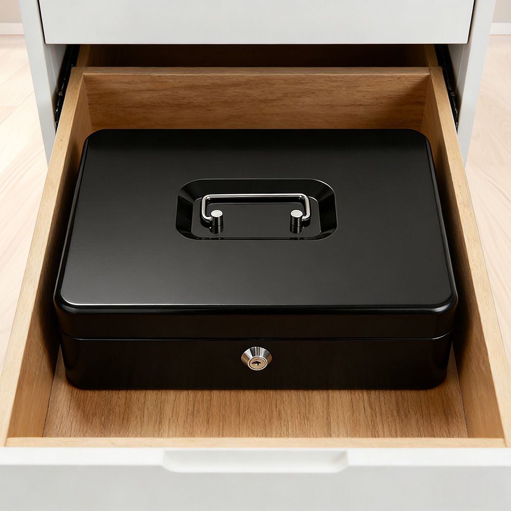 Lockable Cash Box with Coin Tray – Durable Metal Money Box with Key Lock for Bills & Change – White