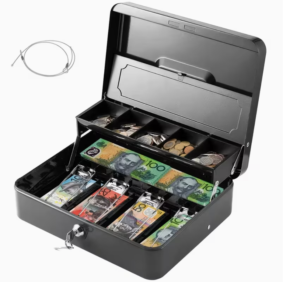 Portable Heavy-Duty Metal Cash Box with Key Lock & Security Cable Lock Suitable for Small Business