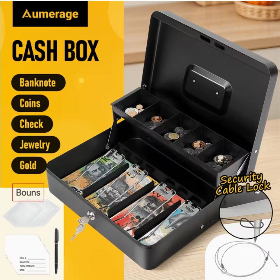 Portable Heavy-Duty Metal Cash Box with Key Lock & Security Cable Lock Suitable for Small Business