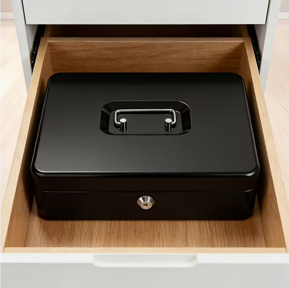 Portable Heavy-Duty Metal Cash Box with Key Lock & Security Cable Lock Suitable for Small Business