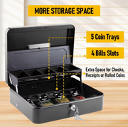 Portable Heavy-Duty Metal Cash Box with Key Lock & Security Cable Lock Suitable for Small Business