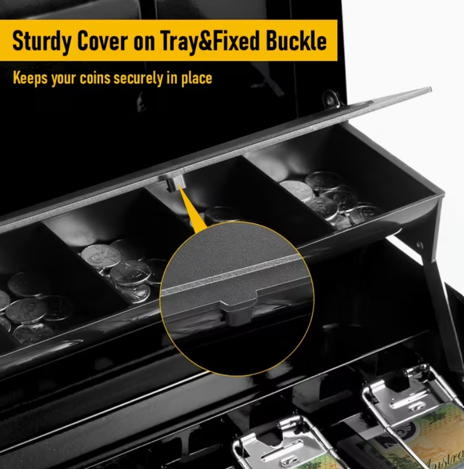 Portable Heavy-Duty Metal Cash Box with Key Lock & Security Cable Lock Suitable for Small Business