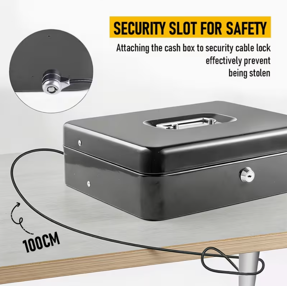 Portable Heavy-Duty Metal Cash Box with Key Lock & Security Cable Lock Suitable for Small Business