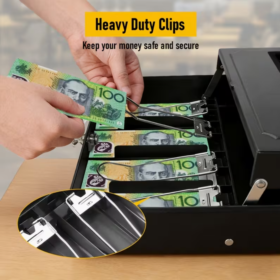 Portable Heavy-Duty Metal Cash Box with Key Lock & Security Cable Lock Suitable for Small Business