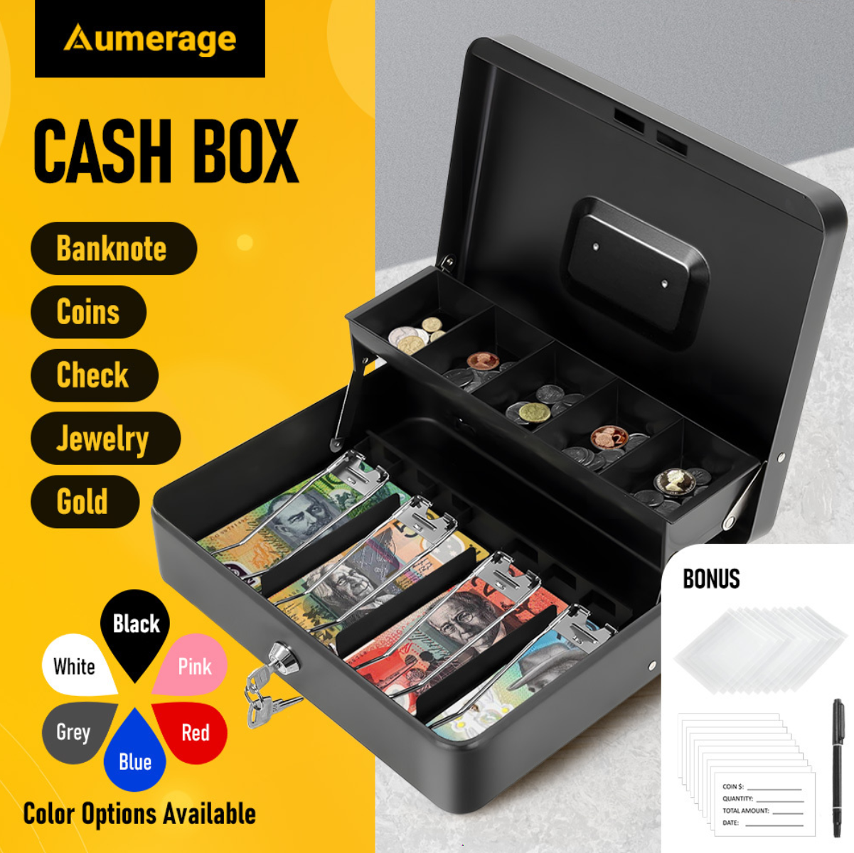Cash Box With Security Locker And Security Cable, Money Box/Cash Tin With Money Tray For Saving Organizer-Black