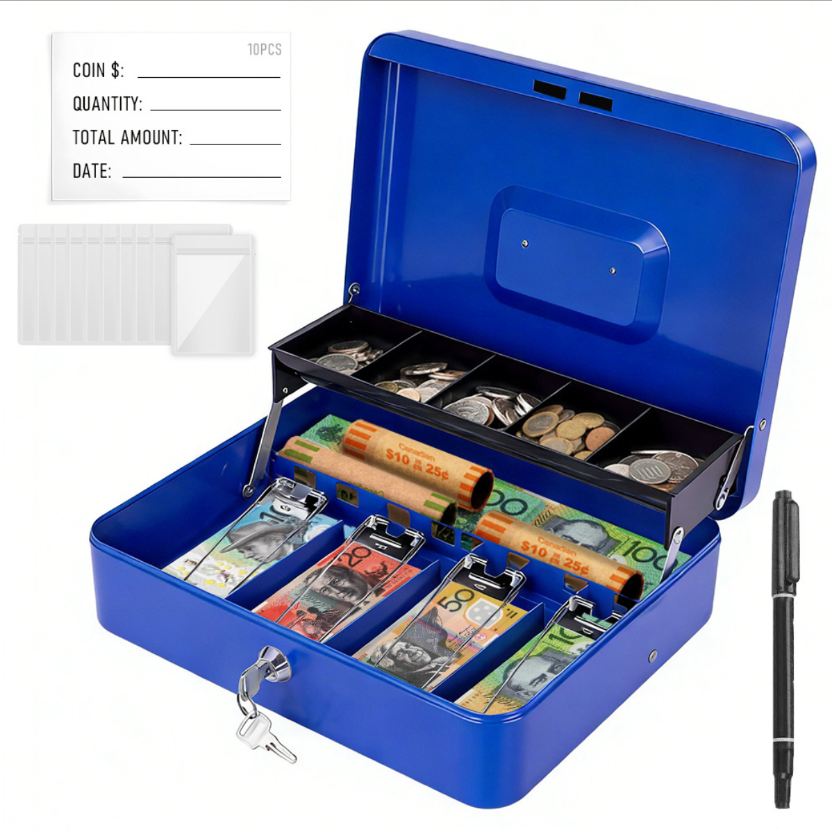 Cash Box With Security Locker And Security Cable, Money Box/Cash Tin With Money Tray For Saving Organizer-Blue