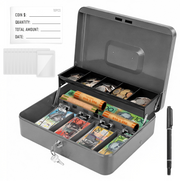 Cash Box With Security Locker And Security Cable, Money Box/Cash Tin With Money Tray For Saving Organizer-Grey