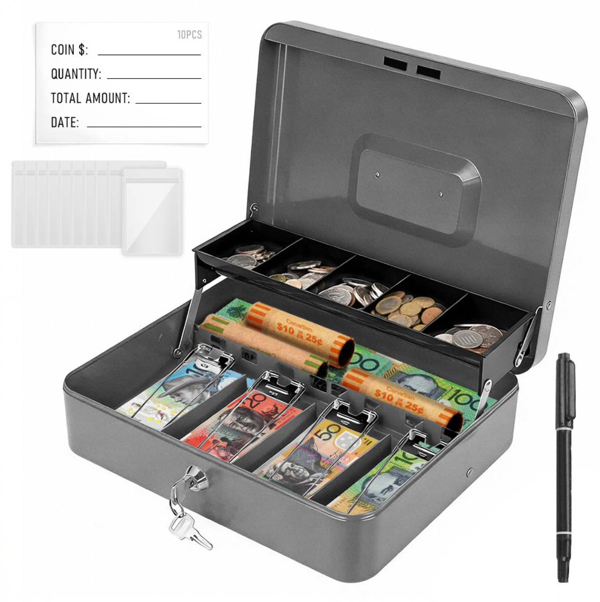 Cash Box With Security Locker And Security Cable, Money Box/Cash Tin With Money Tray For Saving Organizer-Grey