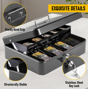 Cash Box With Security Locker And Security Cable, Money Box/Cash Tin With Money Tray For Saving Organizer-Grey