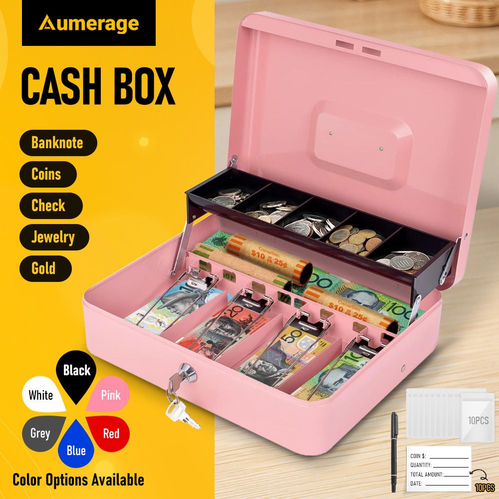 Cash Box With Security Locker And Security Cable, Money Box/Cash Tin With Money Tray For Saving Organizer-Pink