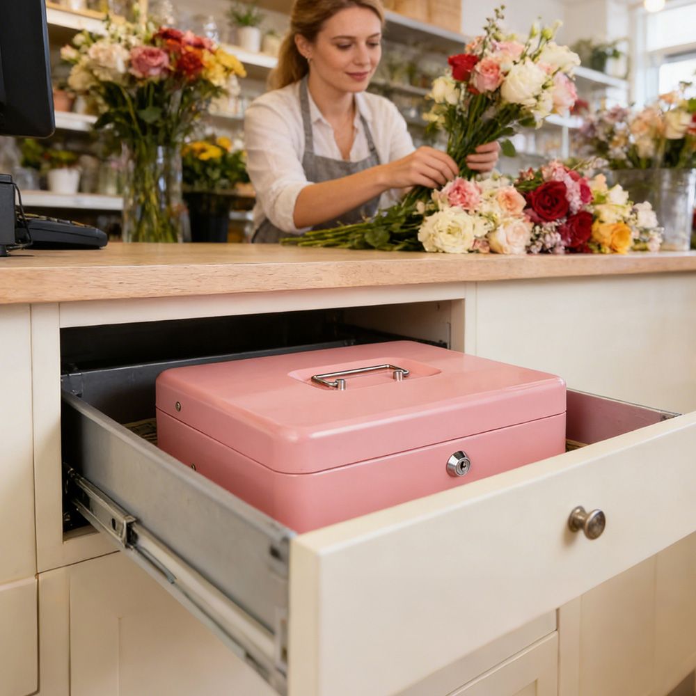 Cash Box With Security Locker And Security Cable, Money Box/Cash Tin With Money Tray For Saving Organizer-Pink