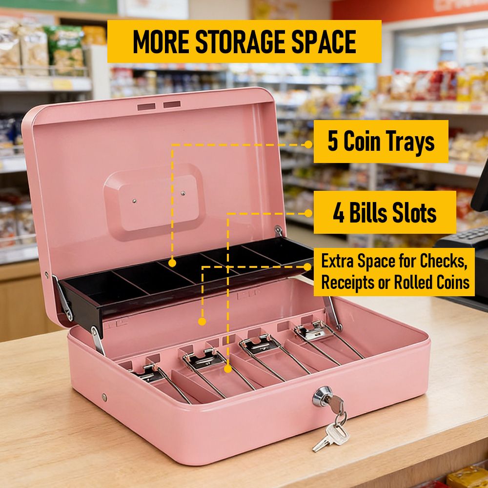 Cash Box With Security Locker And Security Cable, Money Box/Cash Tin With Money Tray For Saving Organizer-Pink