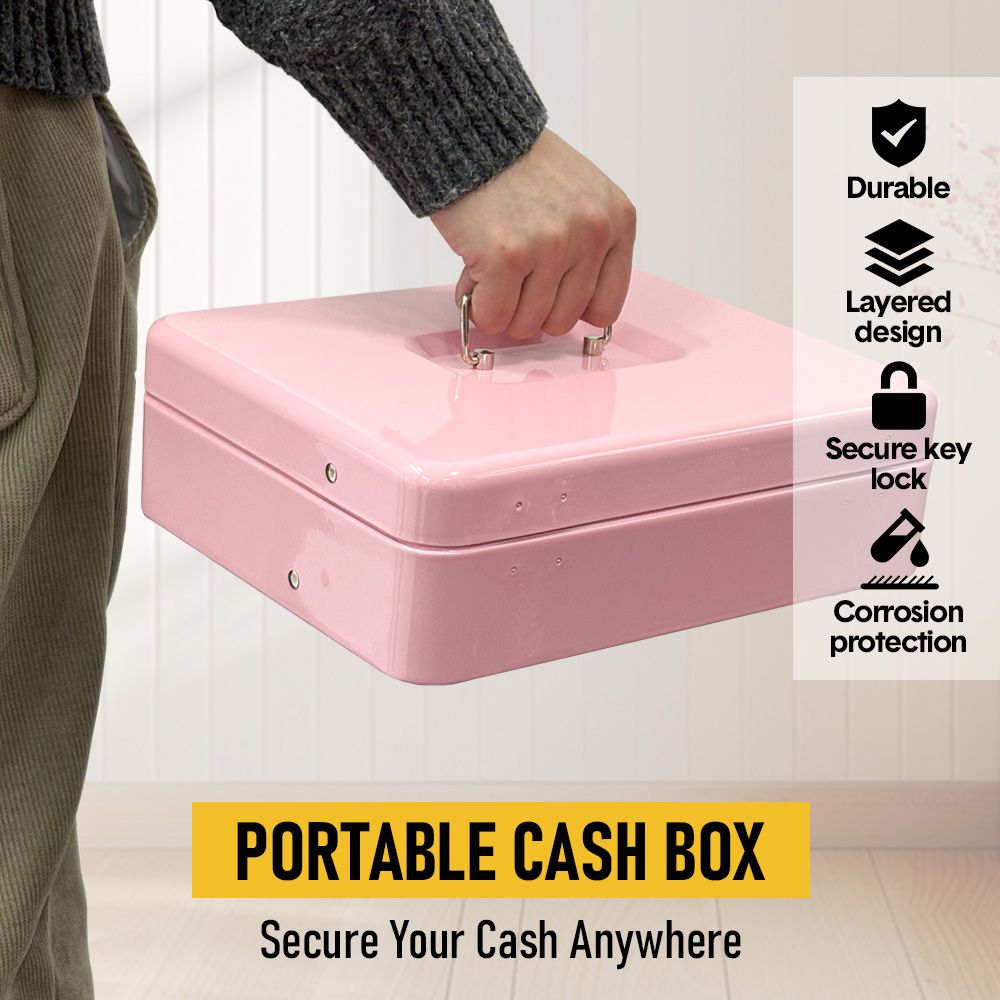 Cash Box With Security Locker And Security Cable, Money Box/Cash Tin With Money Tray For Saving Organizer-Pink