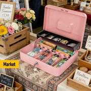 Cash Box With Security Locker And Security Cable, Money Box/Cash Tin With Money Tray For Saving Organizer-Pink