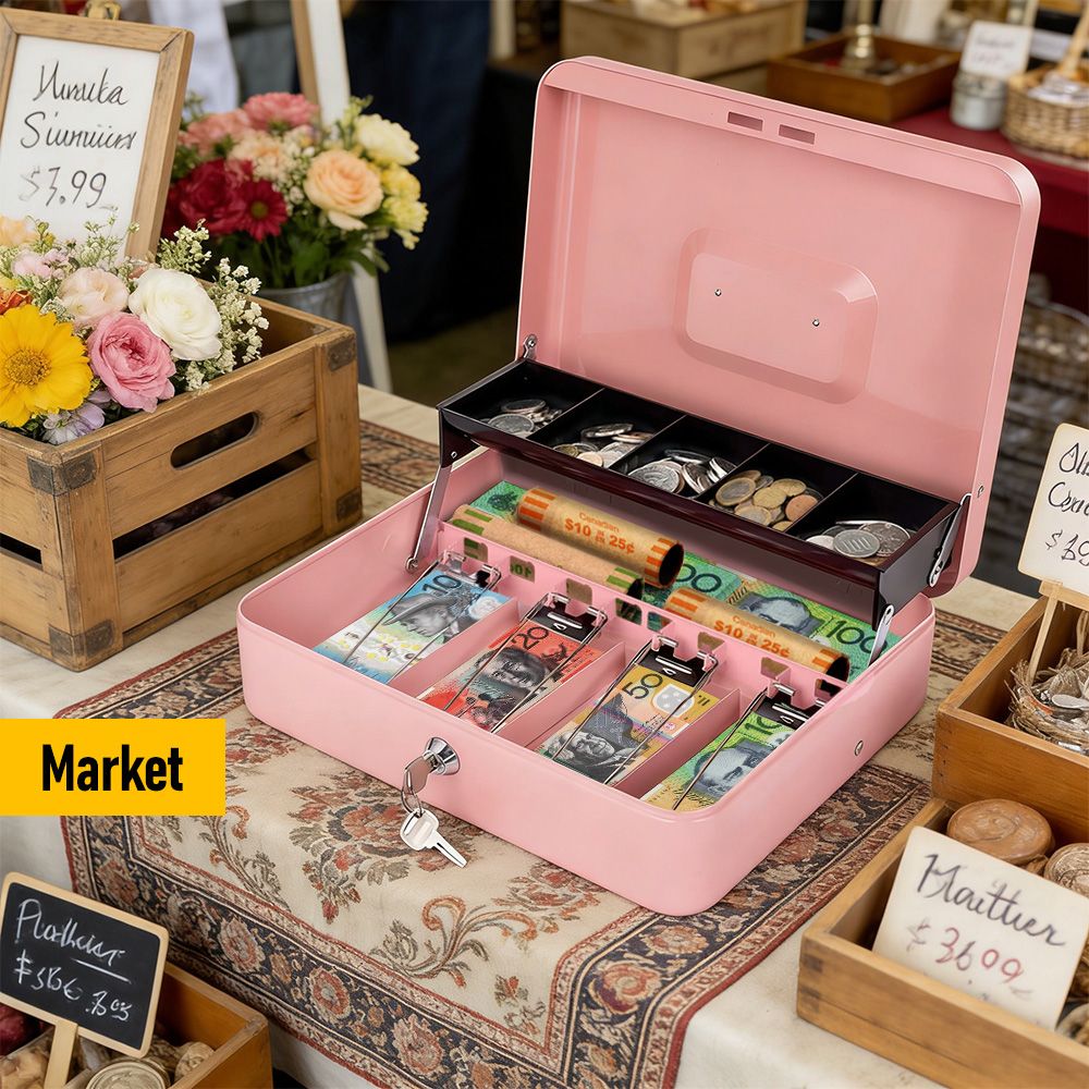 Cash Box With Security Locker And Security Cable, Money Box/Cash Tin With Money Tray For Saving Organizer-Pink