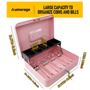 Cash Box With Security Locker And Security Cable, Money Box/Cash Tin With Money Tray For Saving Organizer-Pink