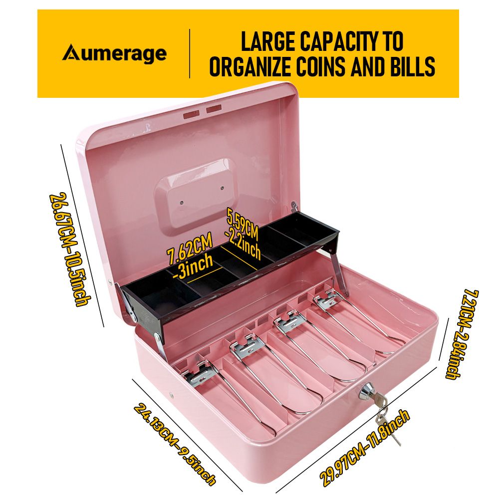 Cash Box With Security Locker And Security Cable, Money Box/Cash Tin With Money Tray For Saving Organizer-Pink