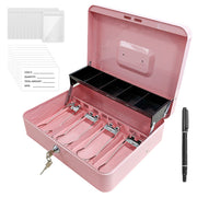 Cash Box With Security Locker And Security Cable, Money Box/Cash Tin With Money Tray For Saving Organizer-Pink