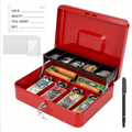 Cash Box With Security Locker And Security Cable, Money Box/Cash Tin With Money Tray For Saving Organizer-Red