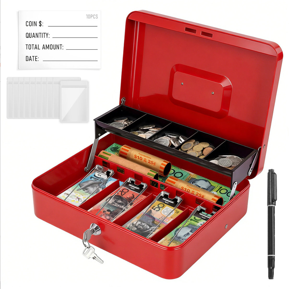 Cash Box With Security Locker And Security Cable, Money Box/Cash Tin With Money Tray For Saving Organizer-Red