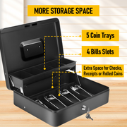 Cash Box With Security Locker And Security Cable, Money Box/Cash Tin With Money Tray For Saving Organizer-Red