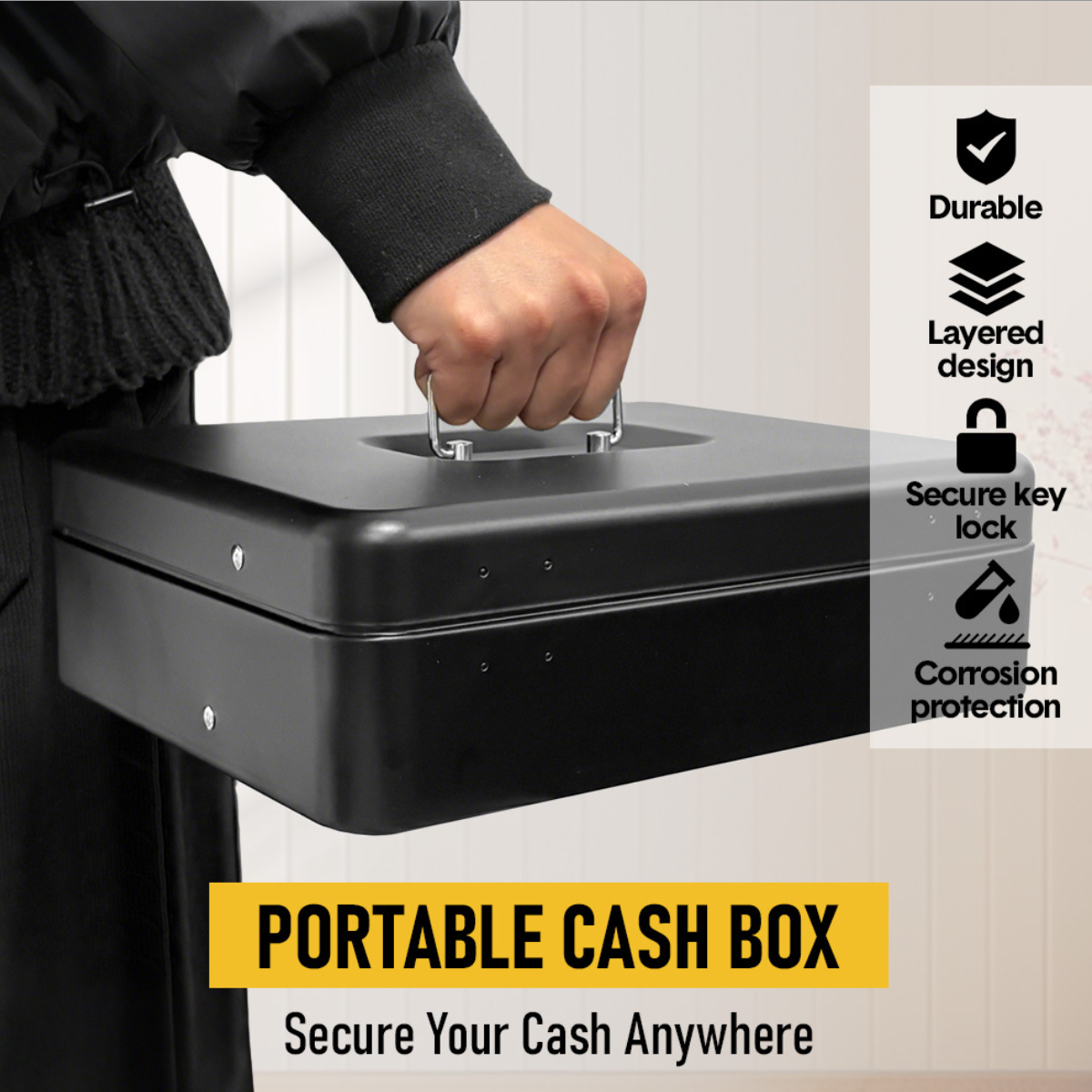 Cash Box With Security Locker And Security Cable, Money Box/Cash Tin With Money Tray For Saving Organizer-Red
