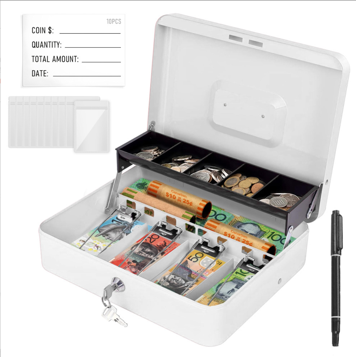 Cash Box With Security Locker And Security Cable, Money Box/Cash Tin With Money Tray For Saving Organizer-White