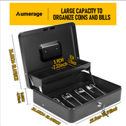 Cash Box With Security Locker And Security Cable, Money Box/Cash Tin With Money Tray For Saving Organizer-White
