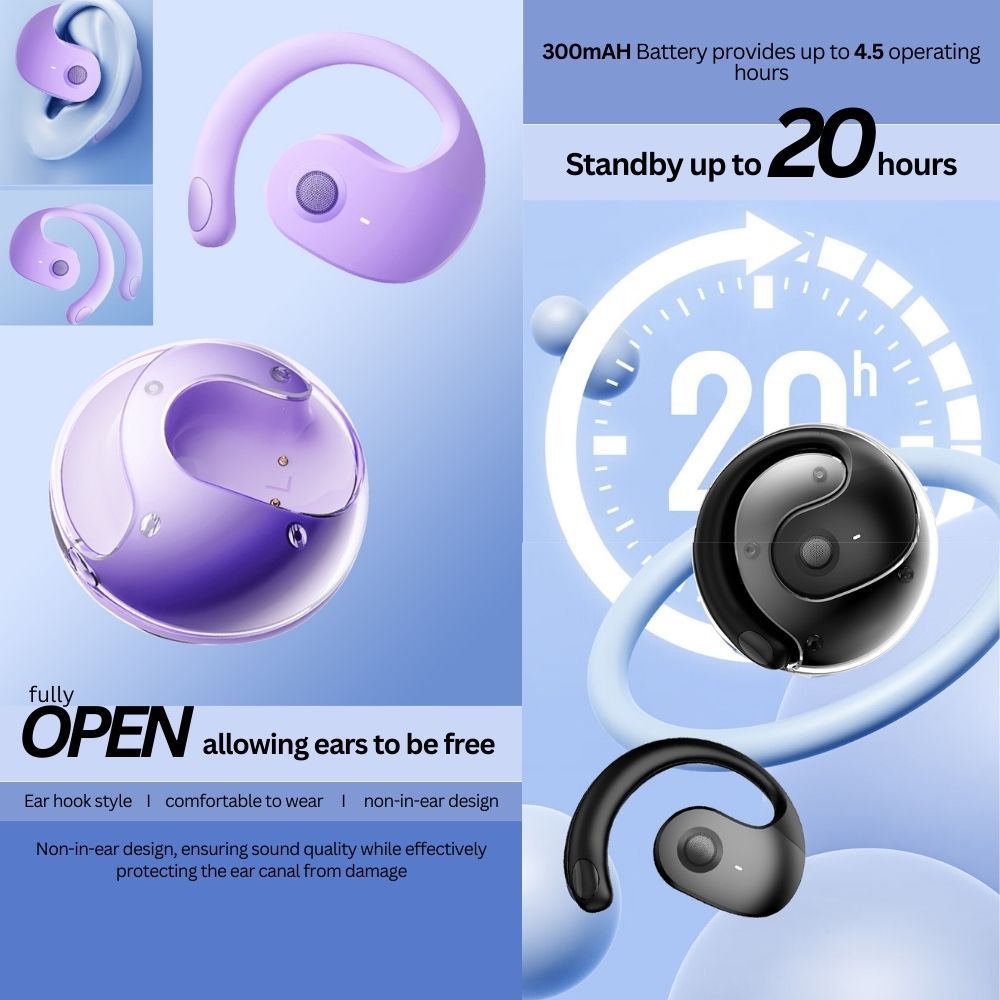 Open Ear Wireless Headphones Earphones Bluetooth 5.4 On Ear Sport Gym Earbuds-Purple