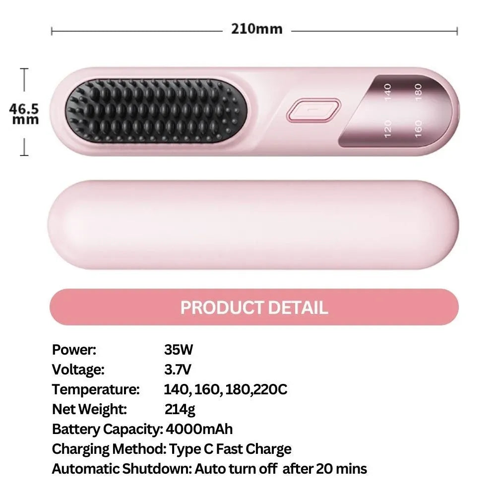 Cordless Hair Straightener Brush Portable Mini Ionic Straightening Comb 4000mAh-Pink V1181-EHN0007-PK