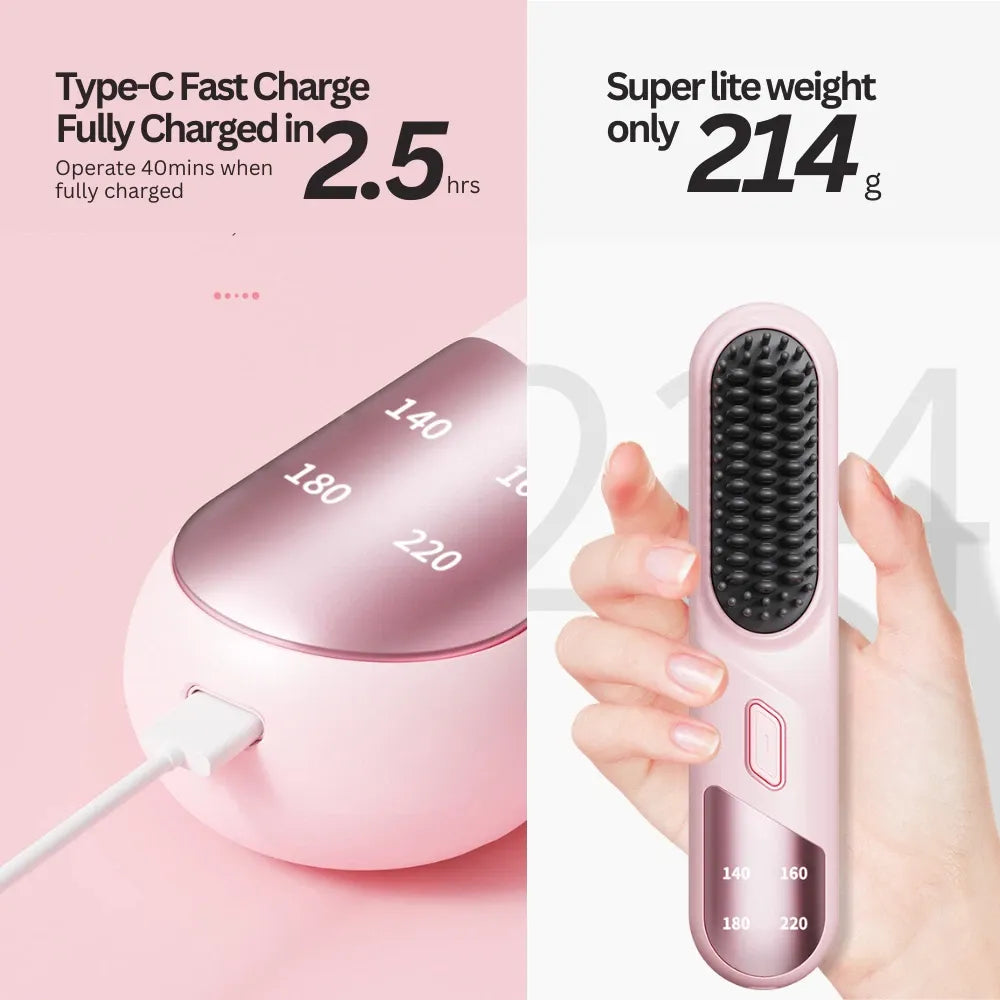 Cordless Hair Straightener Brush Portable Mini Ionic Straightening Comb 4000mAh-Pink V1181-EHN0007-PK