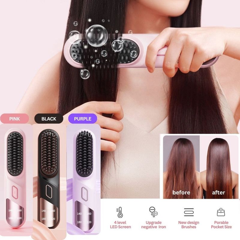 Cordless Hair Straightener Brush Portable Mini Ionic Straightening Comb 4000mAh-Purple V1181-EHN0007-PU