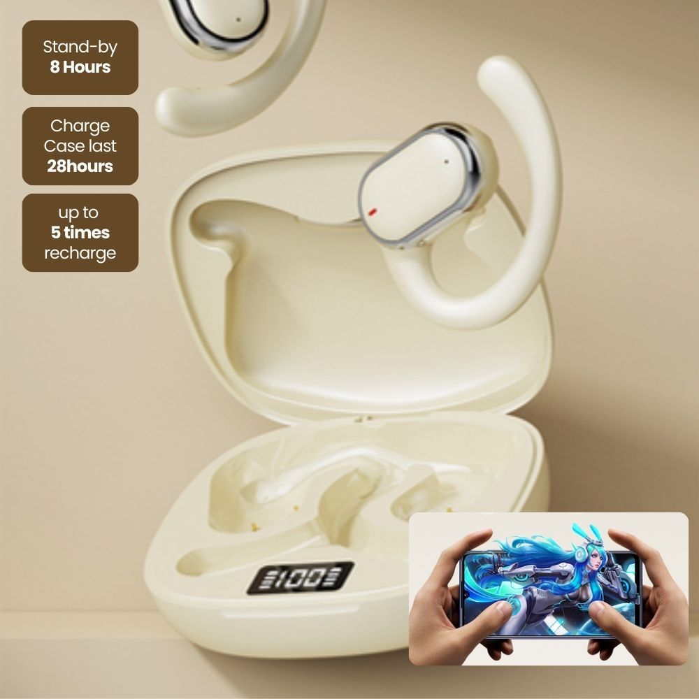 Bluetooth 5.3 Wireless Earbuds Deep Bass Over Ear - Beige