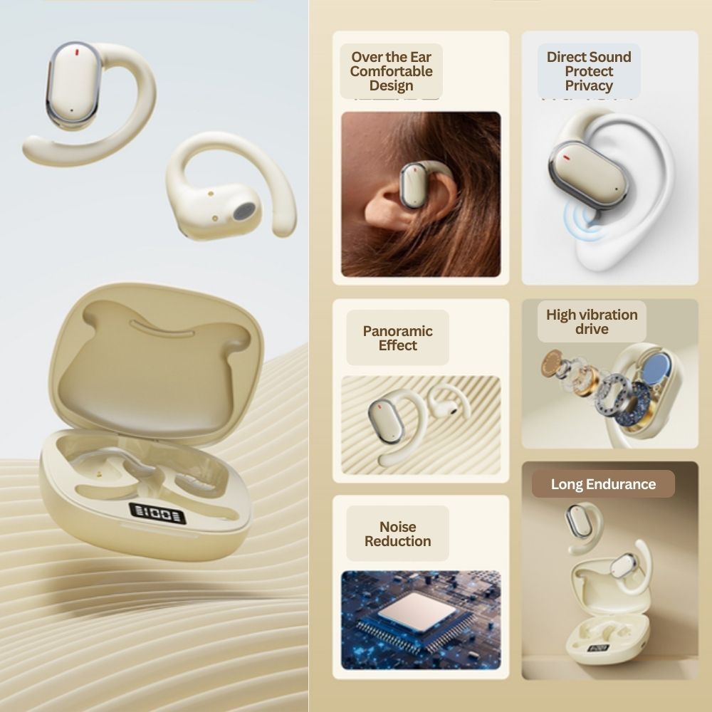 Bluetooth 5.3 Wireless Earbuds Deep Bass Over Ear - Beige