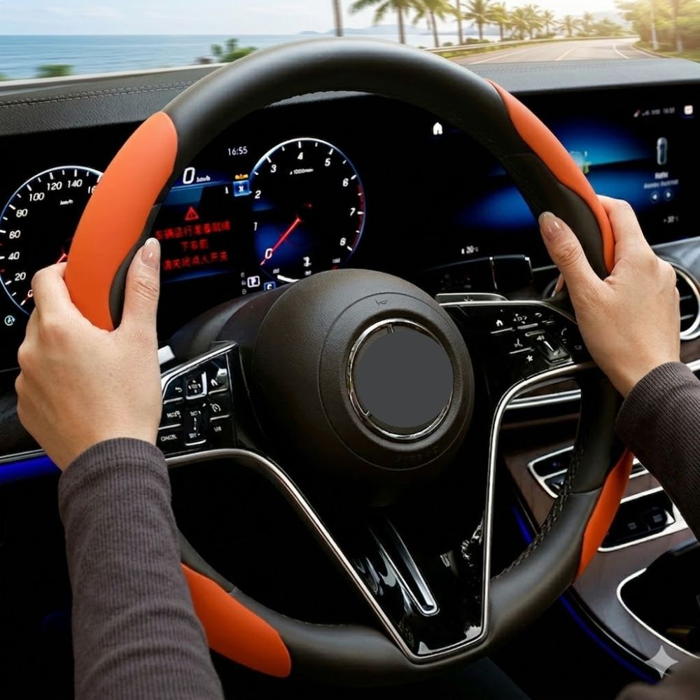 2Pcs Soft Breathable Anti-Slip Faux Leather Steering Wheel Protector Car Cover- Orange V1181-EHN0081-OR
