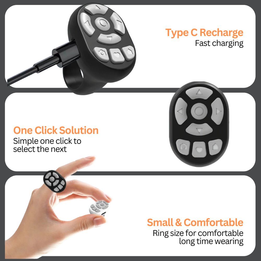 Scrolling Ring Remote Page Turner Wireless Finger Scroller Camera Video Record-Black