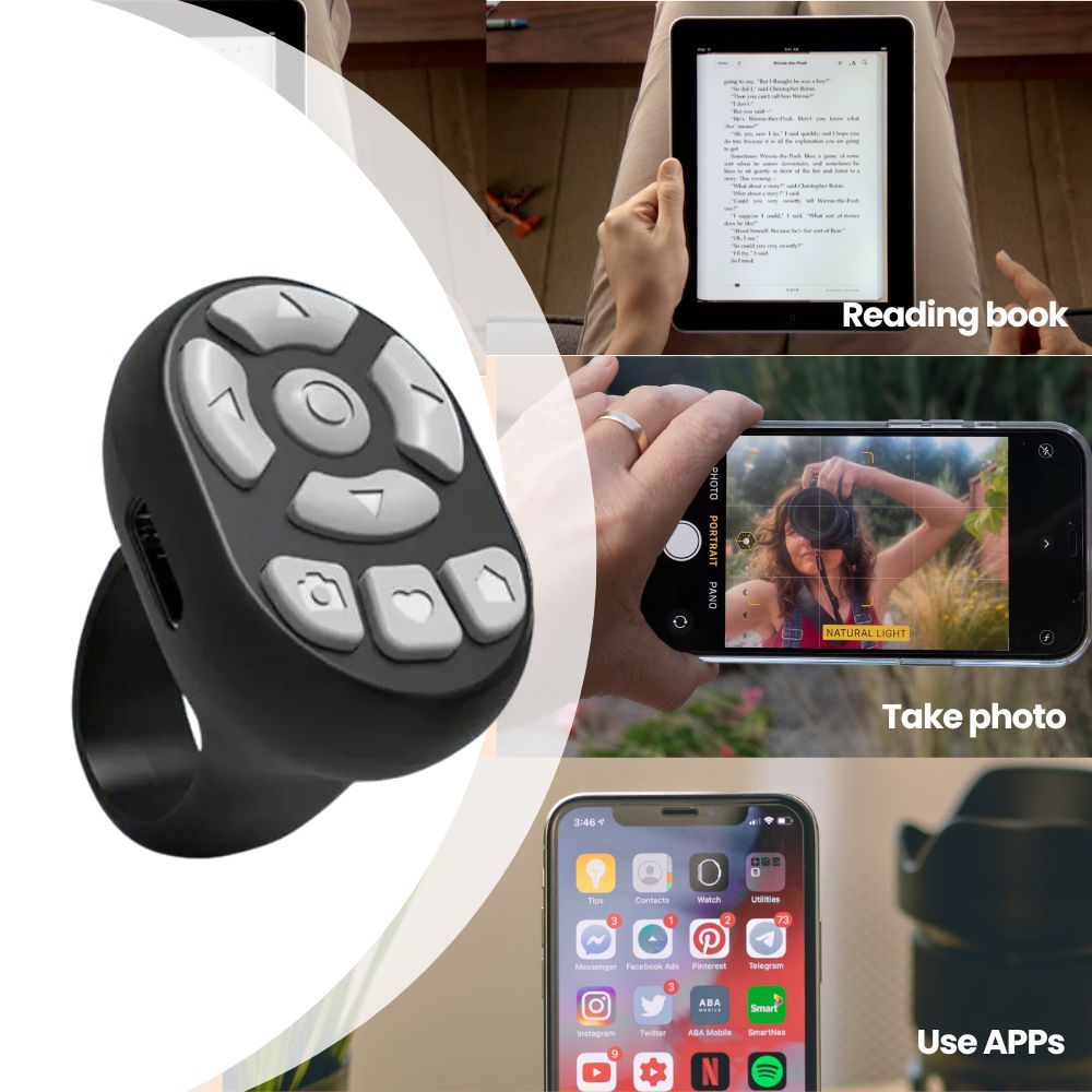 Scrolling Ring Remote Page Turner Wireless Finger Scroller Camera Video Record-White