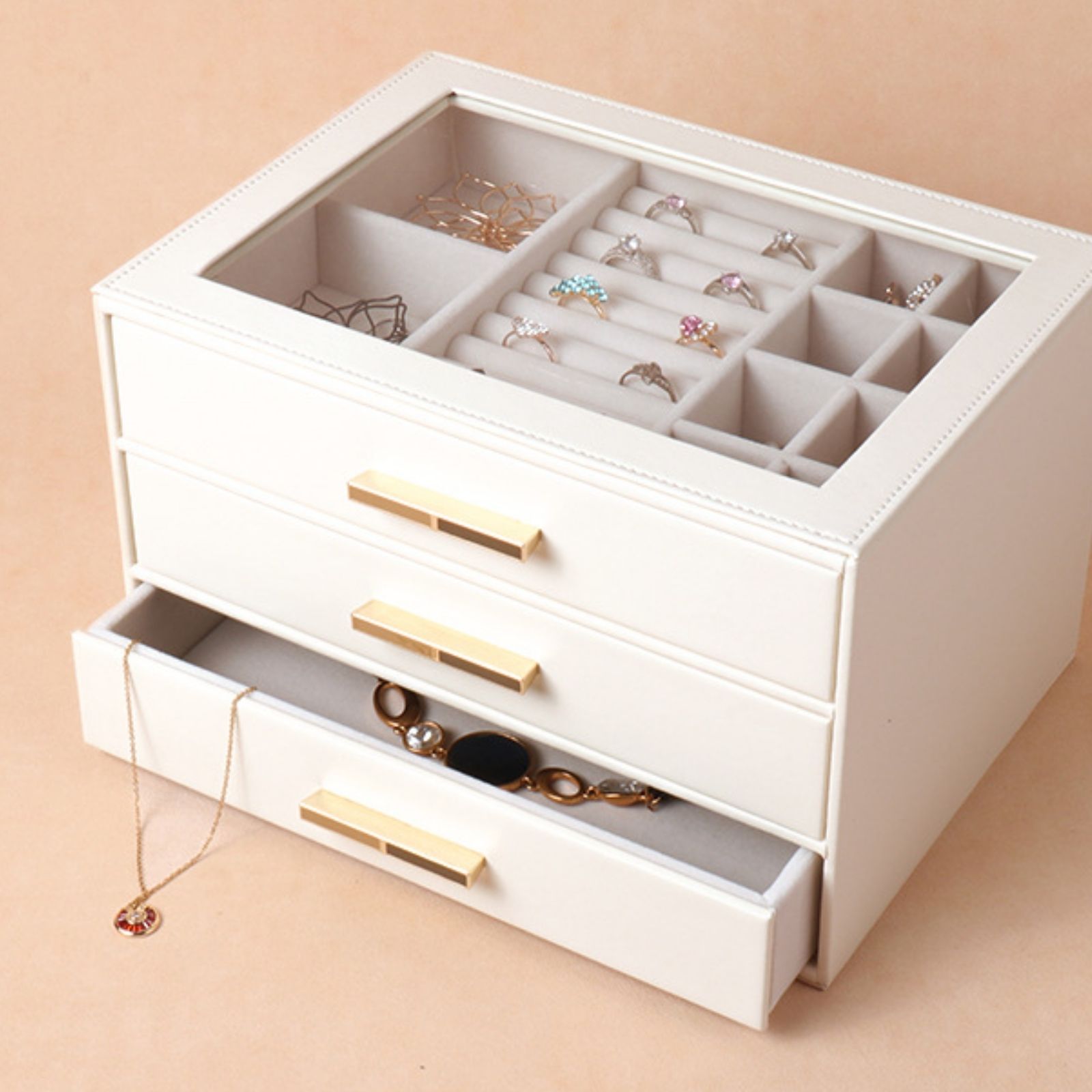 PU Leather Jewellery 3 Level Storage Box Drawer Organiser Gift V1181-EHN0204