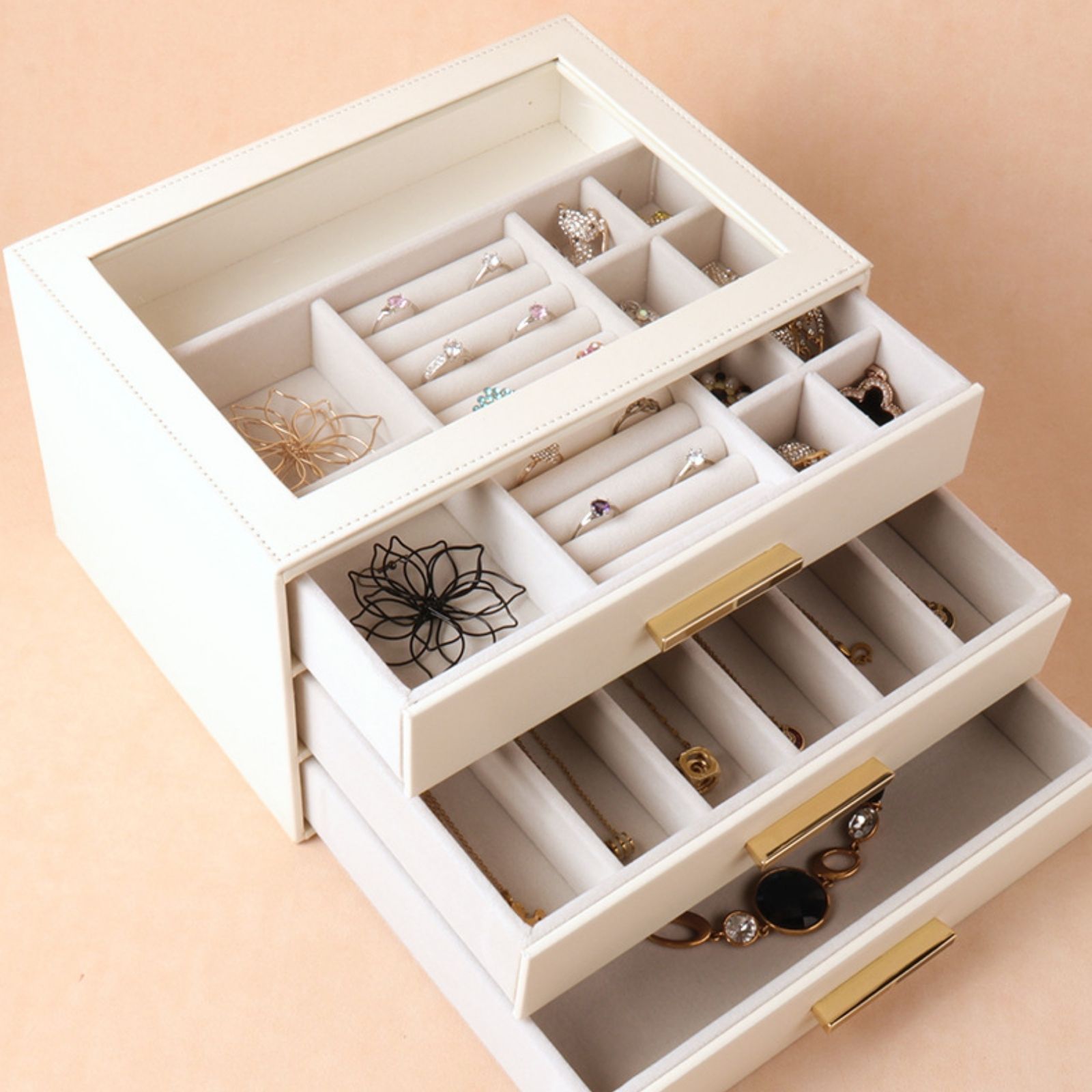 PU Leather Jewellery 3 Level Storage Box Drawer Organiser Gift V1181-EHN0204