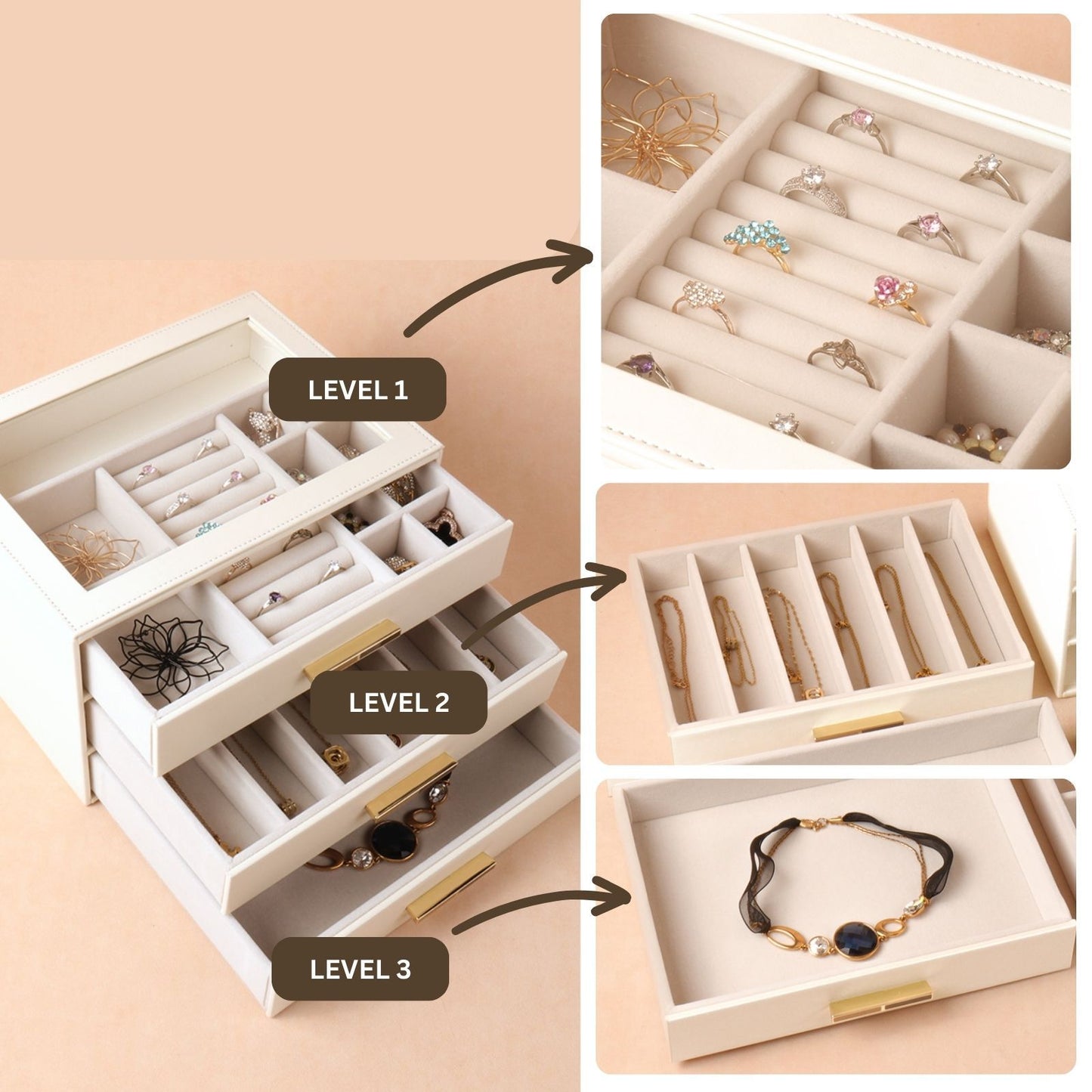 PU Leather Jewellery 3 Level Storage Box Drawer Organiser Gift V1181-EHN0204