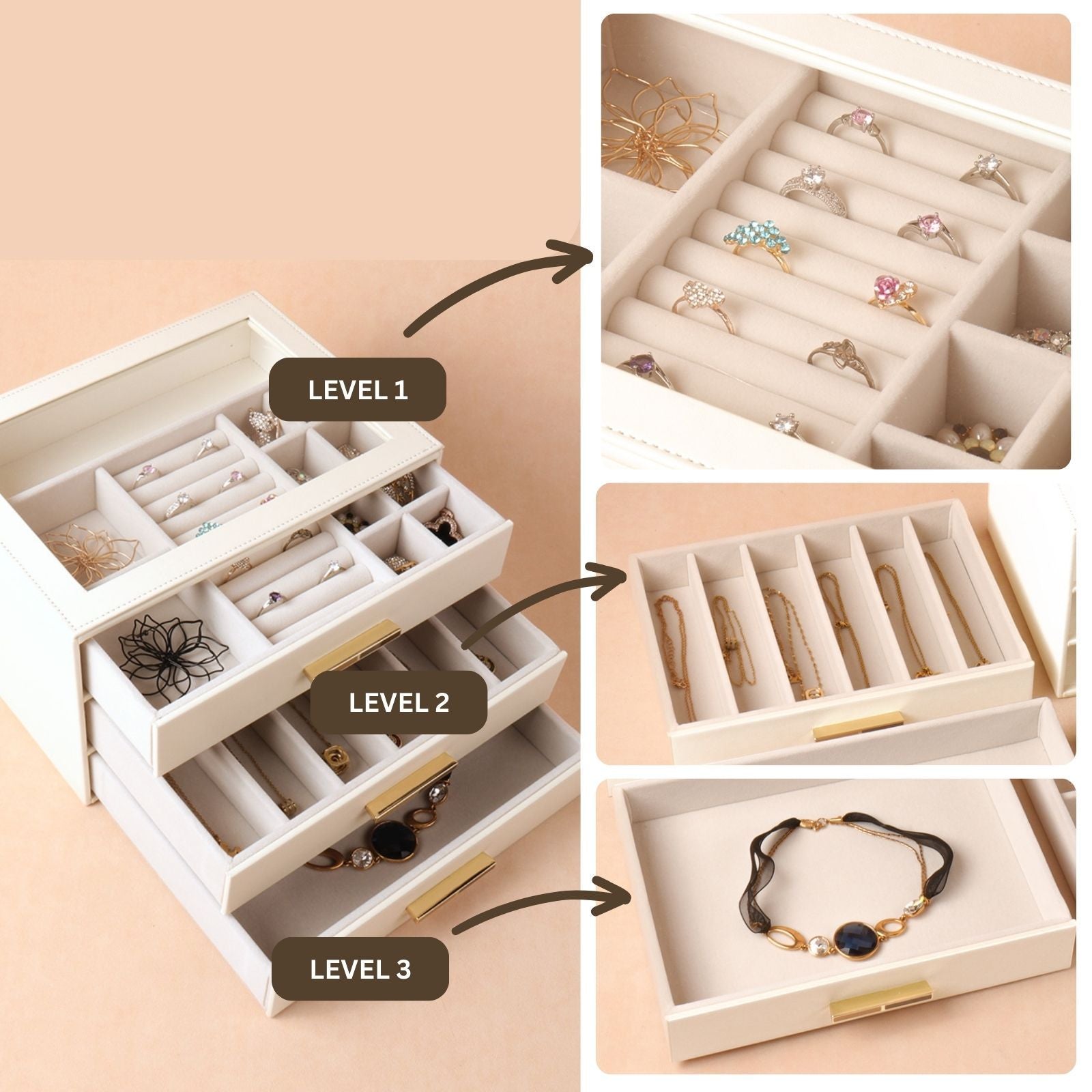 PU Leather Jewellery 3 Level Storage Box Drawer Organiser Gift V1181-EHN0204