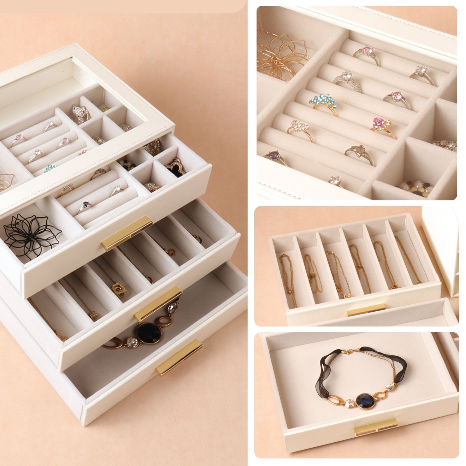 PU Leather Jewellery 3 Level Storage Box Drawer Organiser Gift V1181-EHN0204