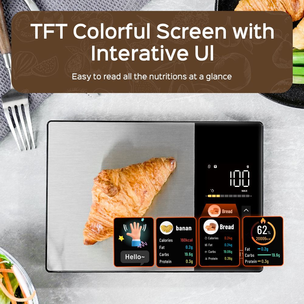 Smart Digital Food Kitchen Scale with Nutritional Calculator, On-Screen Nutrient Info, Free App for Calorie & V1181-EHN0217