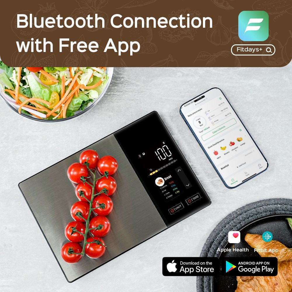 Smart Digital Food Kitchen Scale with Nutritional Calculator, On-Screen Nutrient Info, Free App for Calorie & V1181-EHN0217