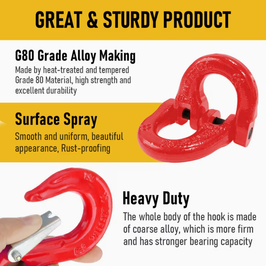 2SET 1.12T Sling Hook Heavy Duty Hammerlock/Slip Hook Kit With Swivel Winch & Safety Latch-Red