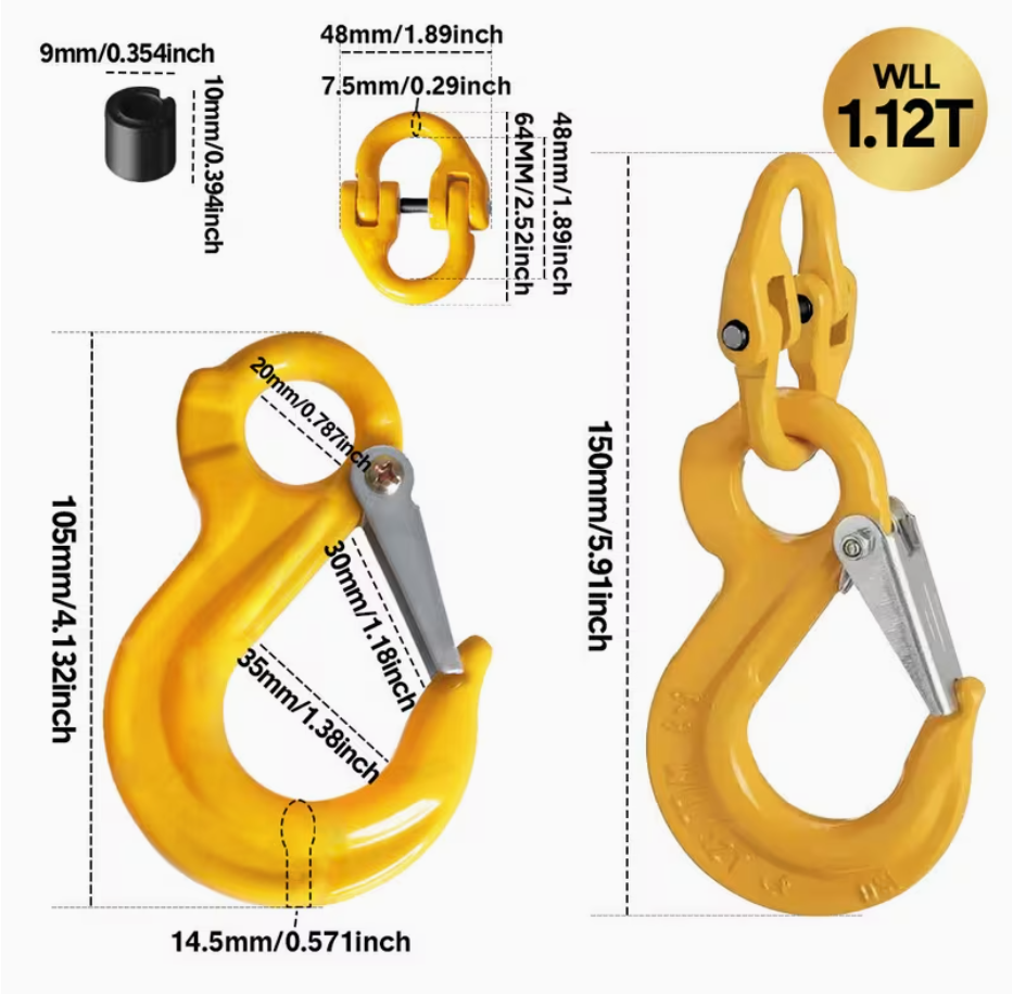 2SET 1.12T Sling Hook Heavy Duty Hammerlock/Slip Hook Kit With Swivel Winch & Safety Latch-Yellow